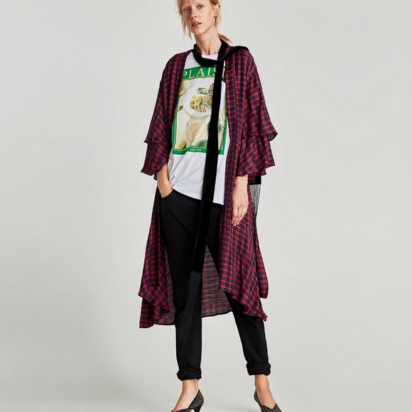 Zara Checked kimono with ruffled sleeves XS/S - Picture 2 of 8